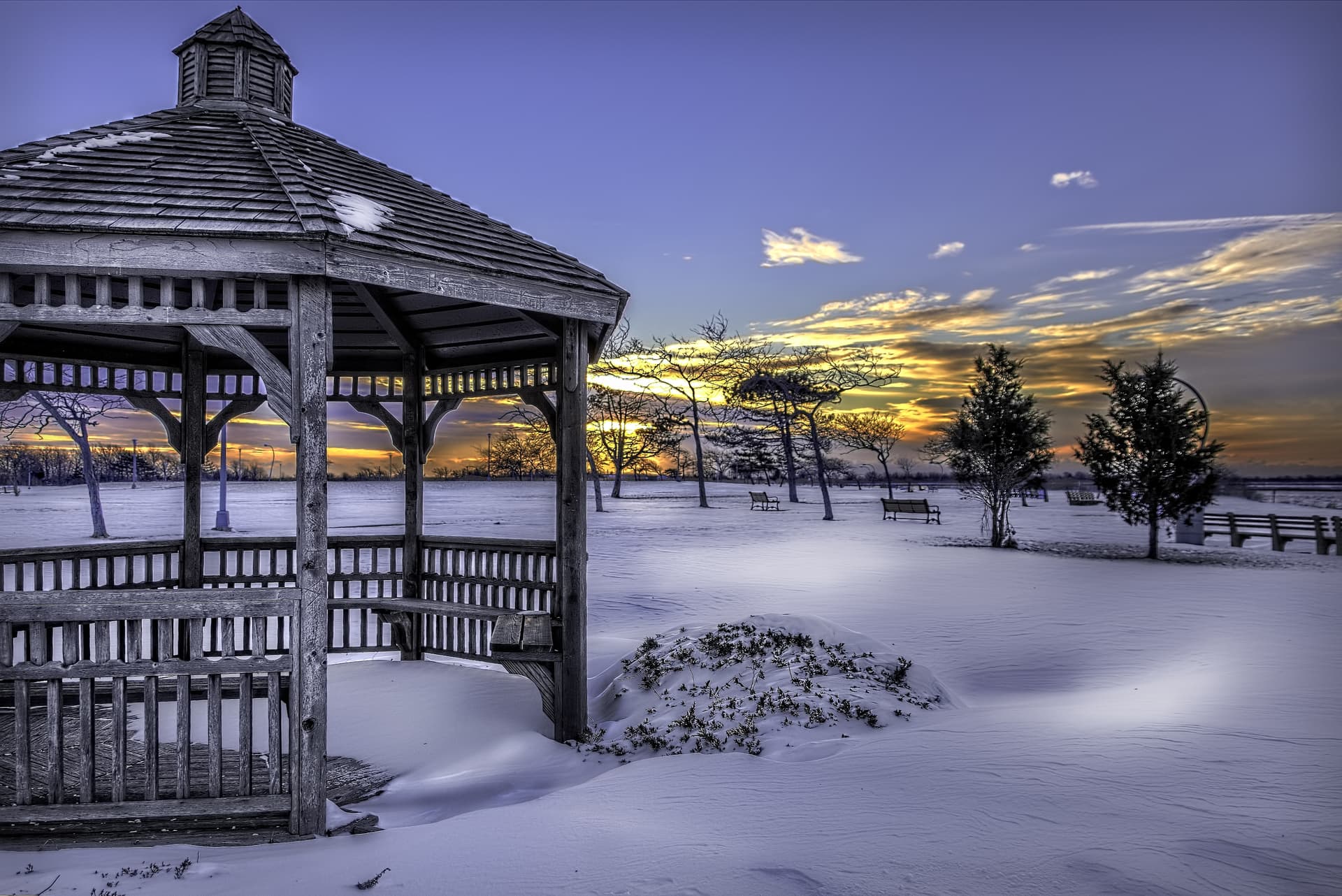 "The Gazebo at Dusk" A Winter Park at the Edge of Night